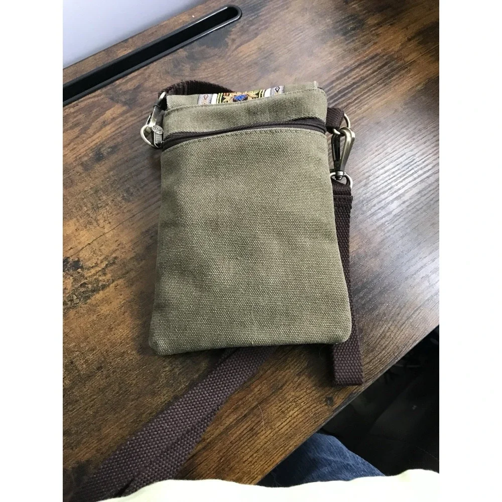 Embroidered Bohemian Canvas Flip Crossbody Small Cell Phone Bag Green And Brown‎